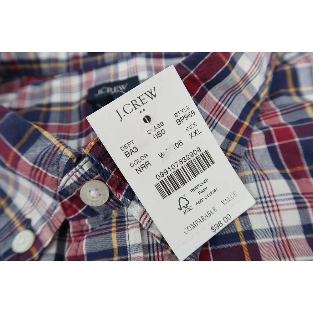 J.Crew Button Down Shirt Mens XXL Navy Red Plaid Flex Washed Classic BP969 NEW
